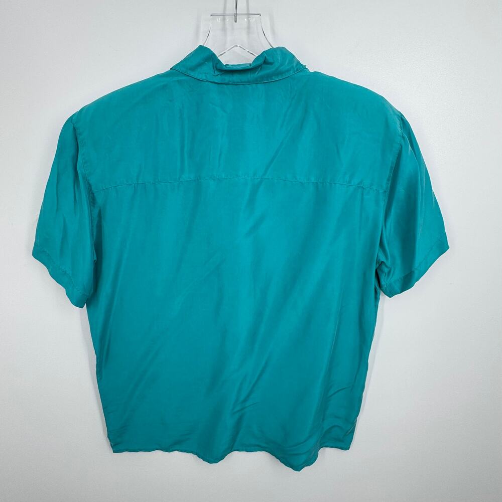 VTG Carole Little blouse 4 100% silk button front teal camp 90's deadstock NEW - Picture 3 of 6